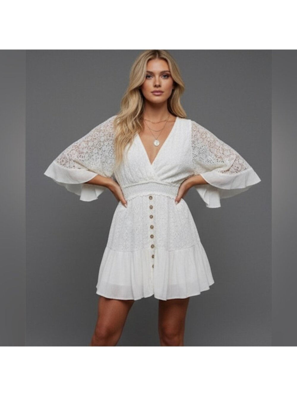 Boho Lace Batwing Sleeve Shirred Waist Dress